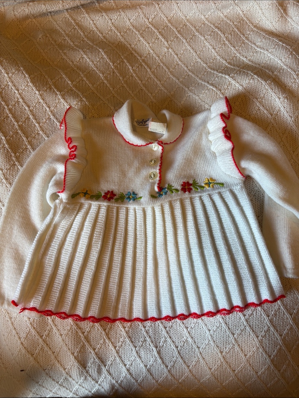 White Knit Girls' Sweater Top with Red Trim and Floral Embroidery